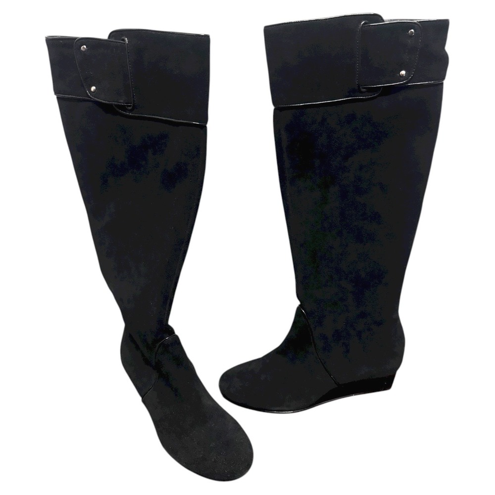 Calvin Klein Womens Black Suede Wedge Knee High Boots Helenah 5.5 M